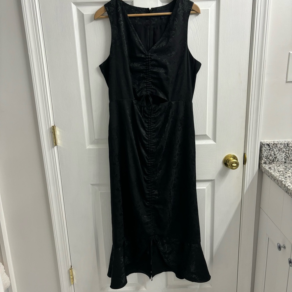Whimsigoth Black Midi Dress Rachel Roy 10 Floral Cinched Tie Ruffle Hem
